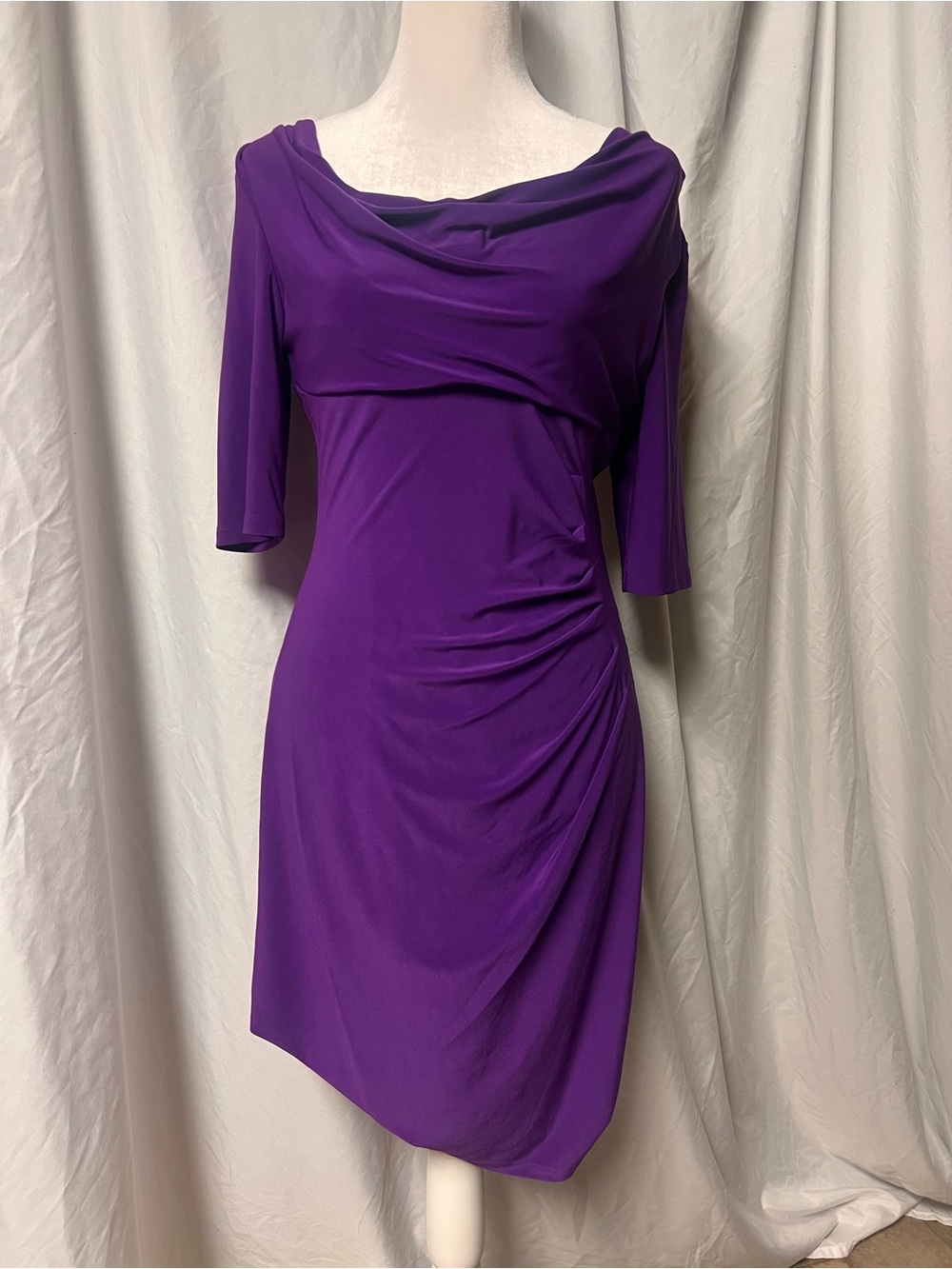 Ralph Lauren Purple Cowl Neck Ruched Midi Dress